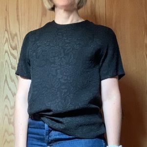 VTG- black silk floral t-shirt blouse- vintage